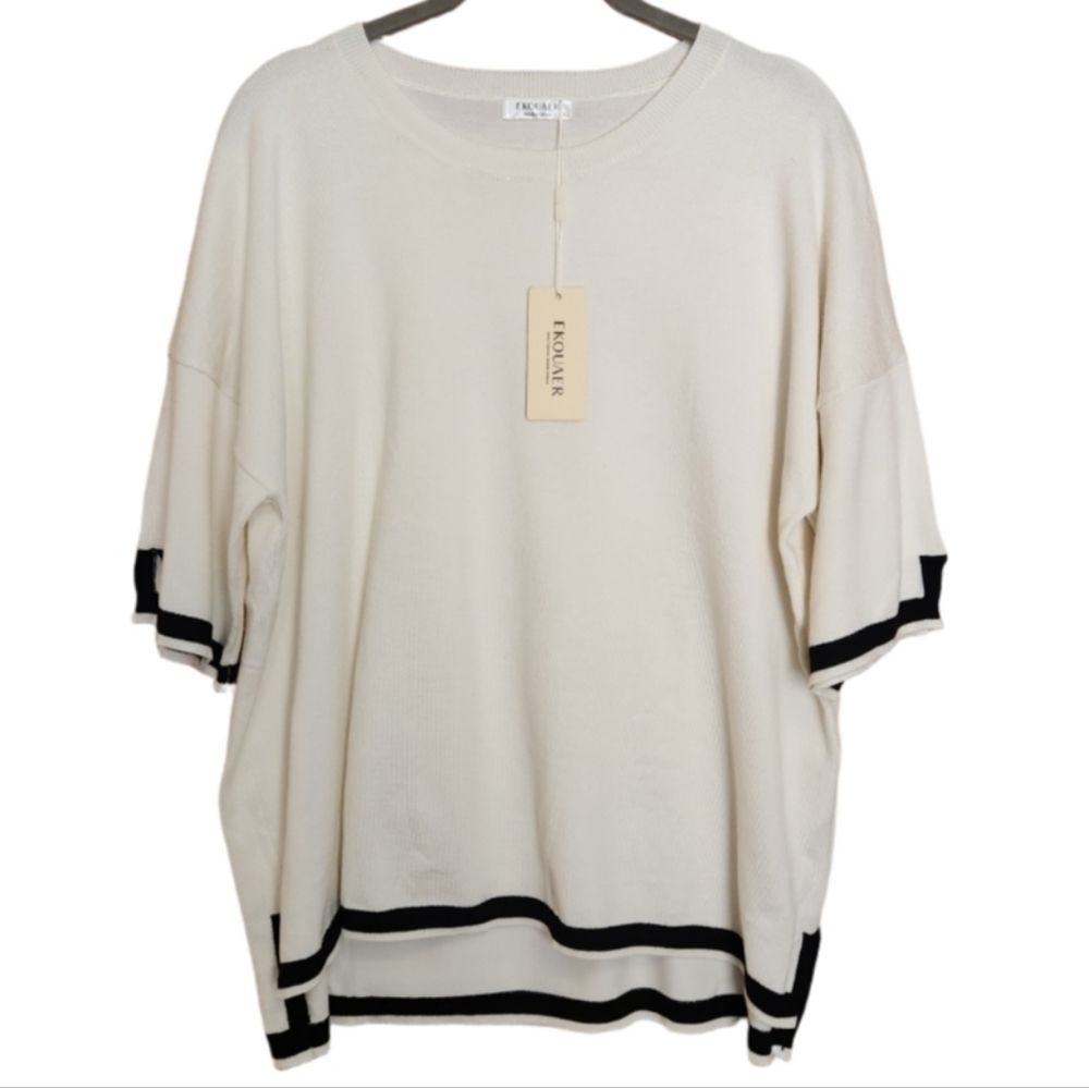 EKOUAER 2 PIECE KNIT LOUNGEWEAR SET CREAM BLACK WIDE LEG SHORT SLEEVE NWT XL - Picture 3 of 9